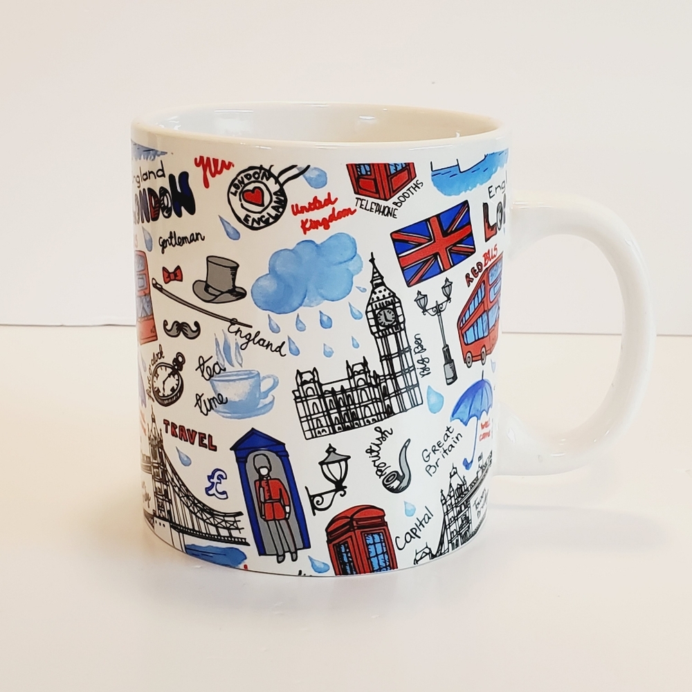 London England Themed White and Blue Large Ceramic Mug